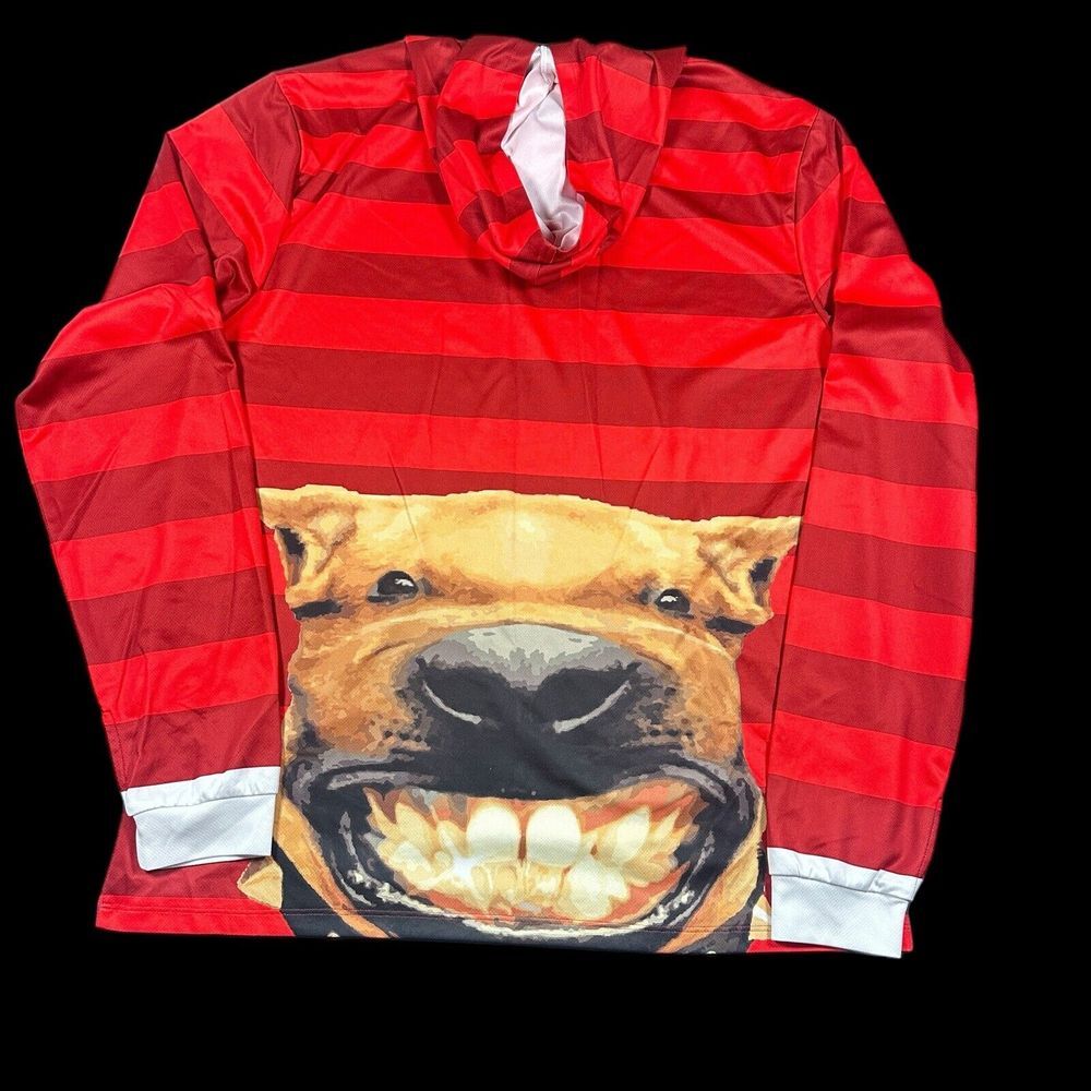 Men's XL Light Wt Red Striped Ludicrous Hooded Long Sleeved Shirt Smiling Dog - Picture 2 of 10